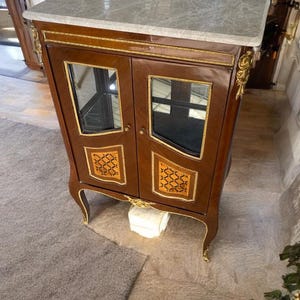 French Louis XV Style Marble Top Cabinet | Elegant Glass Door Display Chest | Vitrine