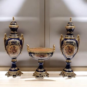 French Style Porcelain Urn & Centerpiece Set | Hand-Painted Floral Design with Gilded Bronze Bases | Set of 3 in BlackNavyBrown