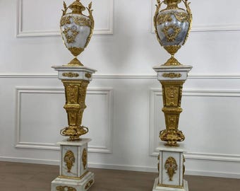 French Marble & Gilt Bronze Urns on Pedestals
