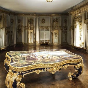 May include: A large, ornate coffee table with a dark blue base and gold accents. The tabletop features a detailed painting under a clear surface. The table has curved legs and is in a grand room with gold trim.