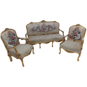 Französische Giltwood Sitzgarnitur, Stil Louis XVI, beige 19th Century ( 1 Sofa + 2 Stühle )