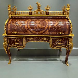 French Louis XVI-Style Marquetry Roll-Top Desk with Ormolu Mounts Royal Bureau du Roi Replica- (Read description)