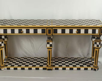 Hand-Painted Checkered Console Table with Gold Accents – Modern Classic Entryway or Hall Table