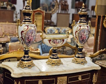 Pair of Large Hand-Painted Porcelain Urns with Gilt Bronze Bases – French Rococo Style