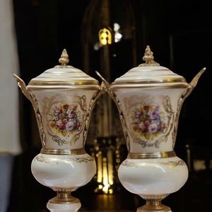 Luxury French Porcelain Urn & Centerpiece Set | Hand-Painted Rococo Style | Ormolu Gilded Bronze Accents | Available in Navy Blue- Cream