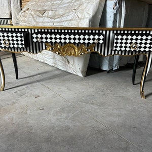 Unique Louis XV Courtly checkered Handmade 3 drawers console Table- Blk|Wht|gld