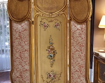 ロココ調化粧台と屏風セット – 手彫りの金箔、花のアクセント