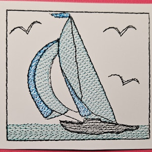 May include: A blue sailboat with white sails and a black hull is sailing on a blue sea. There are three white seagulls flying above the boat.