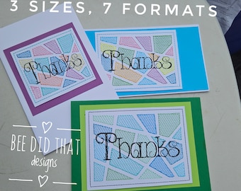 BDT Bright Box Thanks - A machine embroidery design specifically for cardstock A machine embroidery design in 3 sizes, each in 7 formats.