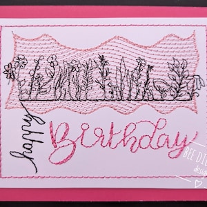 Doodle Garden - Birthday - un motif de broderie spécialement conçu pour le papier cartonné, les cartes, les étiquettes cadeaux, les cartes de voeux, etc. En 3 tailles et 7 formats