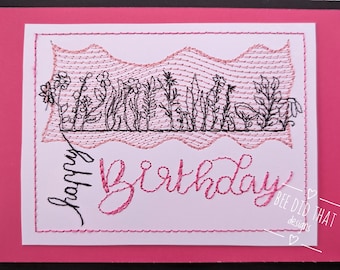 Doodle Garden - Birthday - an embroidery design specifically for cardstock, cards, gift tags, greeting cards etc.  In 3 sizes and 7 formats