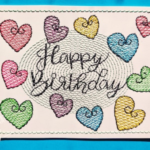 Hearty Birthday - ist ein Stickdesign speziell für Cardstock, Karten, Geschenkanhänger, Grußkarten. Verfügbar in 3 Größen und 7 Formaten