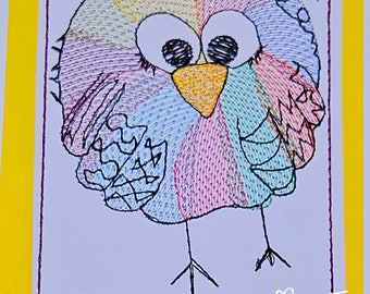 Happy Bird -  Both multi and single colour files included. Machine embroidery design specifically for cardstock- in 3 sizes and 7 formats.