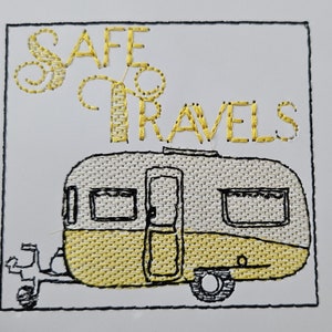 BDT Safe Travels Caravan - Un ricamo a macchina digitalizzato appositamente per cartoncino Un disegno per ricamo a macchina in 3 dimensioni e 7 formati.