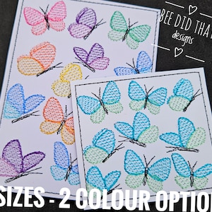 Puede incluir: Tres tamaños diferentes de diseños de mariposas bordadas en varios colores, incluyendo rosa, azul, verde y amarillo. Los diseños están disponibles en dos opciones de color. El texto "BEE DID THAT designs" es visible en la esquina superior derecha de la imagen.