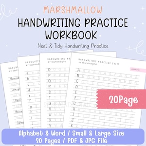 以下が含まれることがあります： 「Marshmallow Handwriting Practice Workbook」というタイトルの手書き練習用ワークブック。ワークブックには、アルファベットと単語の練習シートが大小サイズで含まれています。表紙には「Neat & Tidy Handwriting Practice」と「20 Page」の文字があります。