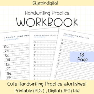 Könnte beinhalten: Ein Schreibübungsheft mit dem Titel "WORKBOOK" in einer verspielten Schriftart. Das Bild zeigt mehrere Seiten mit Schreibübungen, einschließlich des Nachzeichnens von Buchstaben. Der Text "18 Page" ist sichtbar. Der untere Teil des Bildes lautet "Cute Handwriting Practice Worksheet".