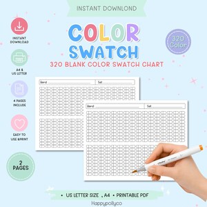 Tabella colori stampabile con 320 campioni di colore vuoti, modello di tabella colori vuota, foglio di inventario colori pennarelli, tracker di materiali per colorare in formato PDF