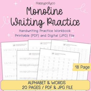Monoline Handwriting Practice Workbook for Adults Printable Handwriting Worksheets PDF, Digital Writing Practice (PDF & JPG)