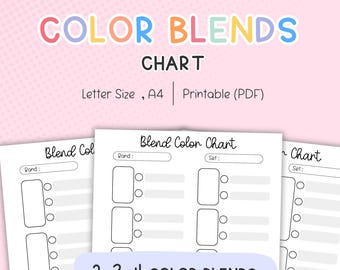 May include: A printable color blends chart with the text "COLOR BLENDS CHART" in colorful letters. The chart is available in Letter Size and A4, and is designed for 2, 3, and 4 color blends. The words "INSTANT DOWNLOAD" are at the top.