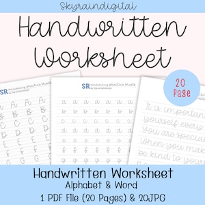 Puede incluir: Hoja de trabajo manuscrita con hojas de práctica de alfabeto y palabras. La imagen muestra varias páginas con letras y palabras para practicar la escritura a mano. El texto de la imagen dice "Handwritten Worksheet Alphabet & Word 1 PDF File (20 Pages) & 20 JPG".