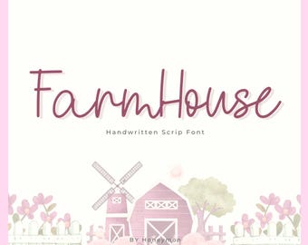 Puede incluir: Fuente de escritura a mano Farmhouse con una ilustración de acuarela de un granero rojo, un molino de viento y una valla blanca de madera. El texto "BY Honeymon" también está incluido en la imagen.