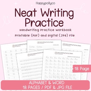 Op de afbeelding: Een handschrift oefenwerkboek met de titel "Neat Writing Practice". Het werkboek is beschikbaar als een afdrukbare PDF en digitale JPG-bestand. De omslag bevat de tekst "Alphabet & Word" en "18 Pages / PDF & JPG File".