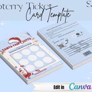 May include: Two light blue lottery ticket card templates. One shows a Santa Fair Lotto design with a Santa hat and the text "Santa Fair Lotto". The other shows the back of the ticket with a QR code and the text "Scan me".