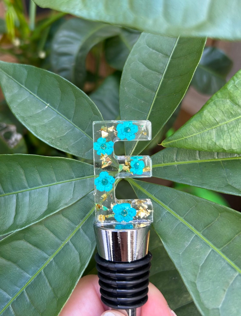 E initial with Teal Flowers and Gold Foil