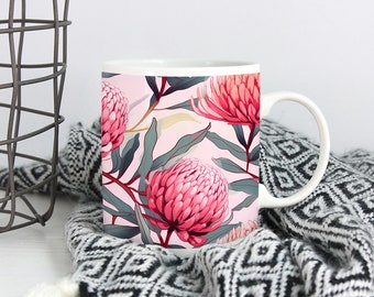 Australian native flowers ceramic mug | pink waratah design | 11oz mug | original artwork | original design