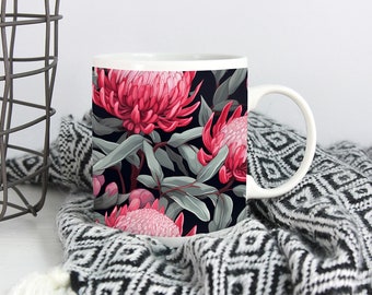 Australian native flowers ceramic mug | pink waratah design | 11oz mug | original artwork | original design