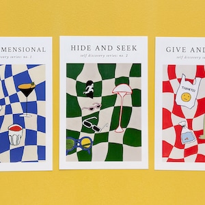 Art Postcard (Set of 3) | Original Art | Acrylic Painting Mini Prints | 4x6 | Post Modern Contemporary Art | Checkered Colorful Illustration