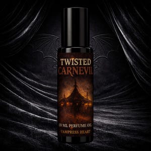 Óleo Perfumado Twisted Carnevil Extrait, Dark Carnival Cotton Candy Funnel Cake, Perfume Gótico Vegano em Roll-on.