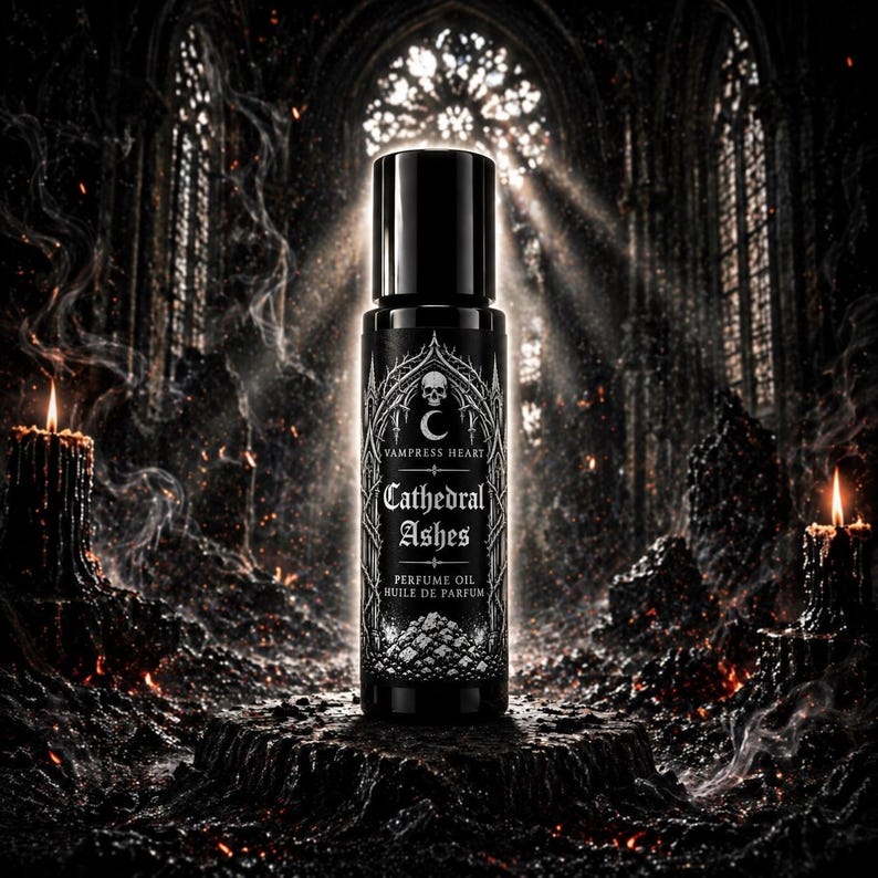 May include: A black cylindrical perfume oil bottle with a label featuring a skull, a crescent moon, and the text VAMPRESS HEART, Cathedral Ashes, PERFUME OIL, HUILE DE PARFUM. The bottle has a black cap and is centred in a dark, smoky environment.