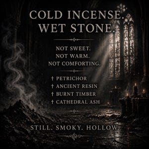 May include: A dark, atmospheric graphic featuring the text COLD INCENSE. WET STONE. NOT SWEET. NOT WARM. NOT COMFORTING. PETRICHOR, ANCIENT RESIN, BURNT TIMBER, CATHEDRAL ASH. STILL. SMOKY. HOLLOW. The background shows a dim, stone interior with smoke.
