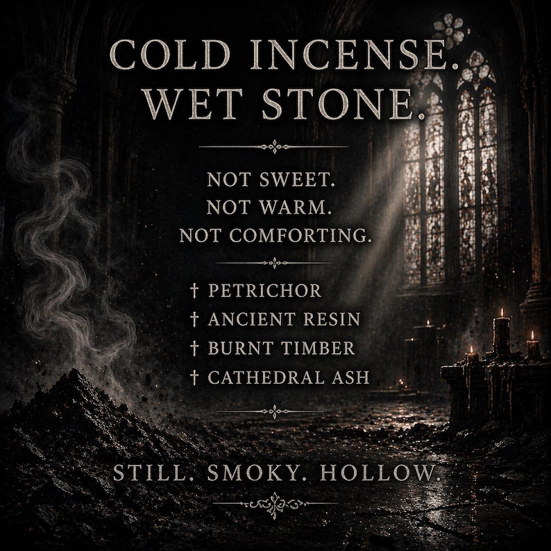 May include: A dark, atmospheric graphic featuring the text COLD INCENSE. WET STONE. NOT SWEET. NOT WARM. NOT COMFORTING. PETRICHOR, ANCIENT RESIN, BURNT TIMBER, CATHEDRAL ASH. STILL. SMOKY. HOLLOW. The background shows a dim, stone interior with smoke.