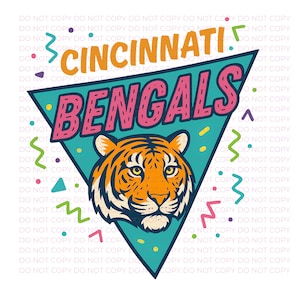 May include: A teal triangle design with the words "CINCINNATI BENGALS" in orange and pink, featuring a tiger's face. The design includes confetti and zig-zag lines, perfect for Cincinnati Bengals fans.