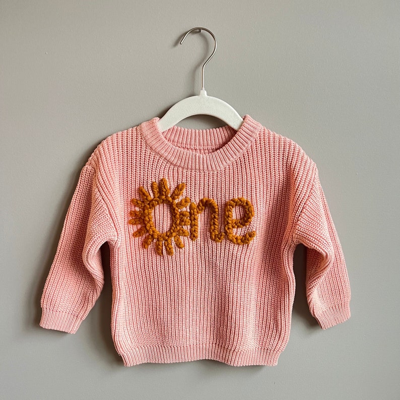 Hand-embroidered baby/toddler First Birthday Sweater, 1st Birthday Keepsake Sweater 1-4 letters + design