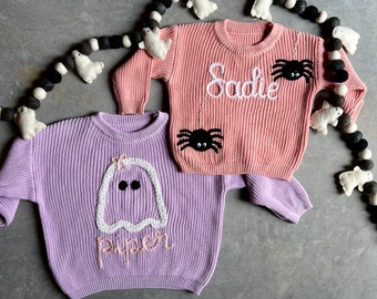 Hand-embroidered HALLOWEEN THEME ghost sweater, glow in the dark, spooky sweater, spider sweater, fall name sweater baby/toddler