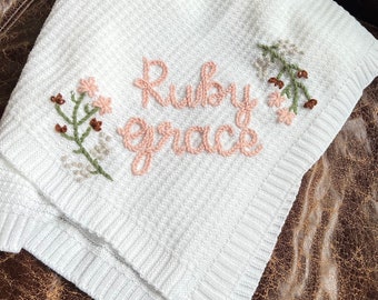 Personalized Name Swaddle Blanket: Customized Hand-Embroidered Knit Baby Blanket, monthly milestone blanket, heirloom keepsake