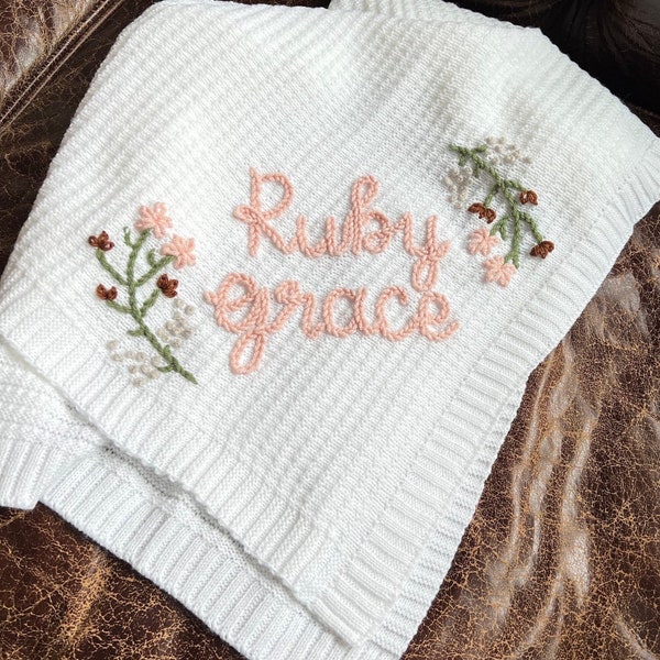 Personalized Name Swaddle Blanket: Customized Hand-Embroidered Knit Baby Blanket, monthly milestone blanket, heirloom keepsake