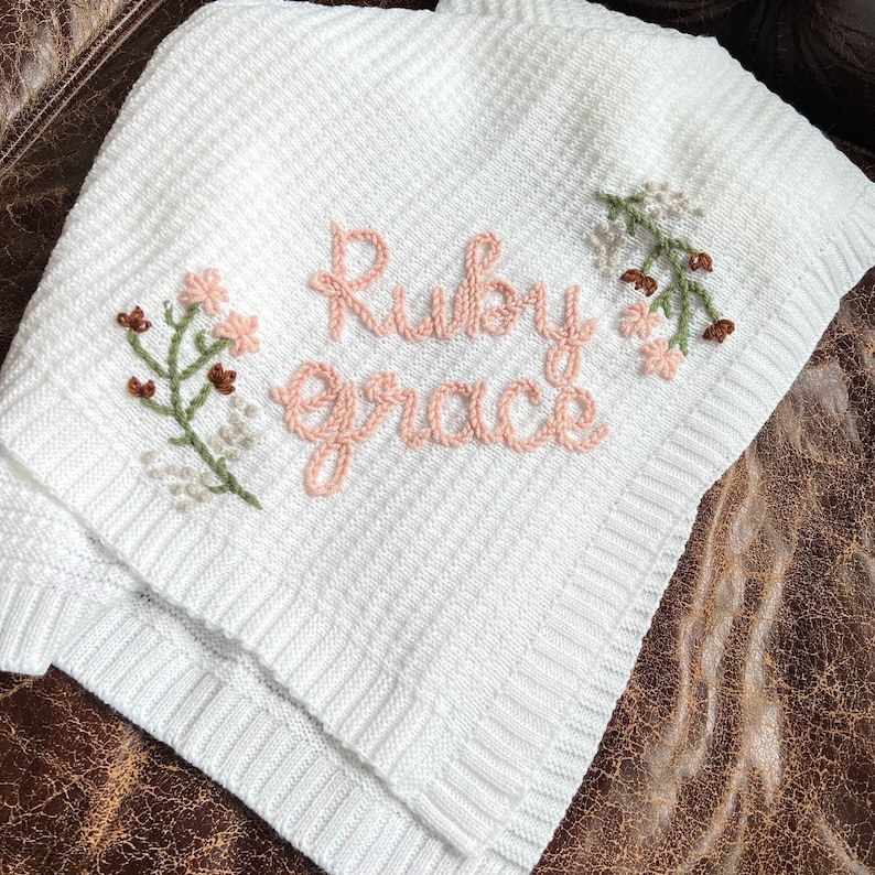 Personalized Name Swaddle Blanket: Customized Hand-Embroidered Knit Baby Blanket, monthly milestone blanket, heirloom keepsake image 1