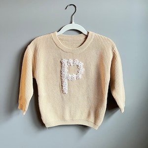 Hand-embroidered floral initial baby/toddler monogram sweater, monthly milestone sweater, personalized keepsake