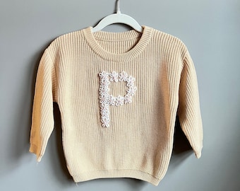 Hand-embroidered floral initial baby/toddler monogram sweater, monthly milestone sweater, personalized keepsake