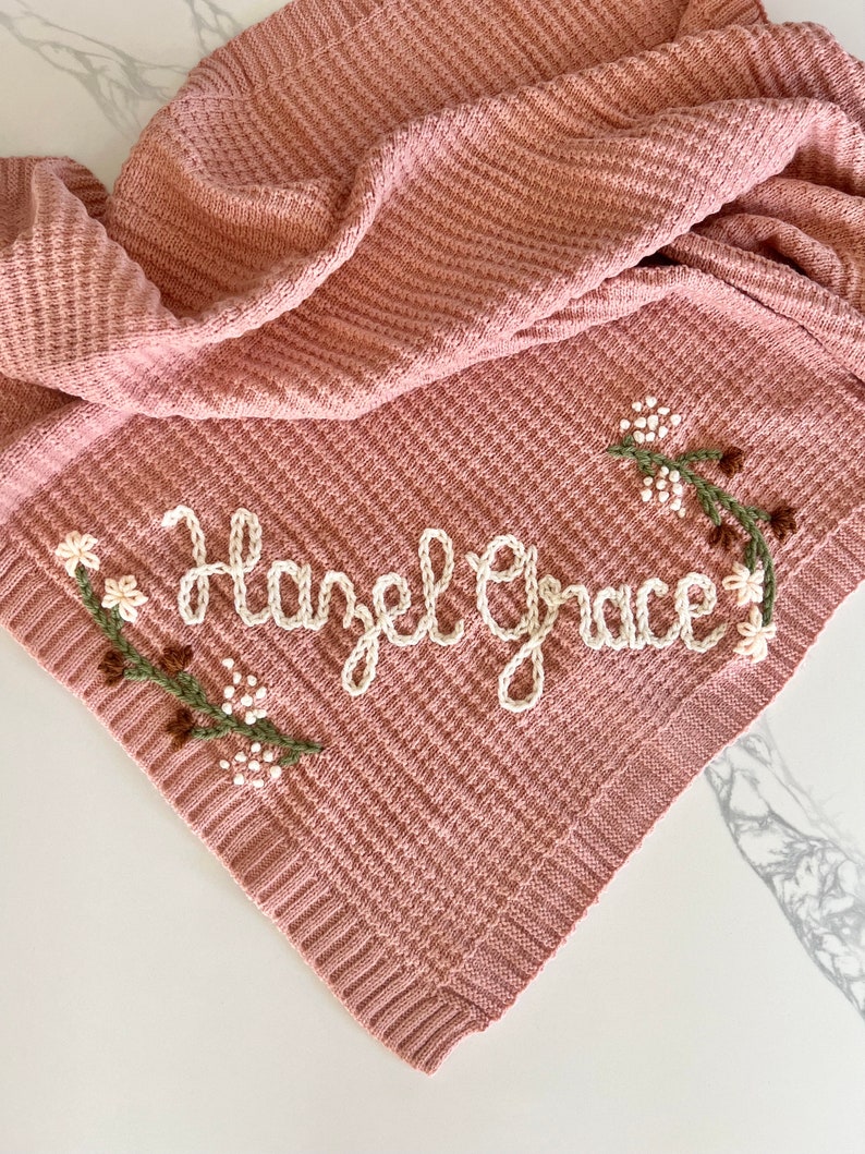 Personalized Name Swaddle Blanket: Customized Hand-Embroidered Knit Baby Blanket, monthly milestone blanket, heirloom keepsake image 8