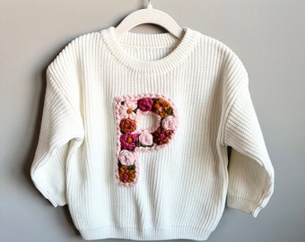 Hand-embroidered floral initial baby/toddler monogram sweater, monthly milestone sweater, personalized keepsake