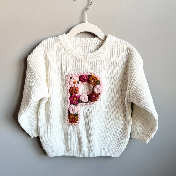 Hand-embroidered floral initial baby/toddler monogram sweater, monthly milestone sweater, personalized keepsake