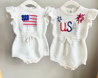 Hand-embroidered spring/summer baby/toddler outfit, USA 4th of July romper, red white and blue, fireworks, flag