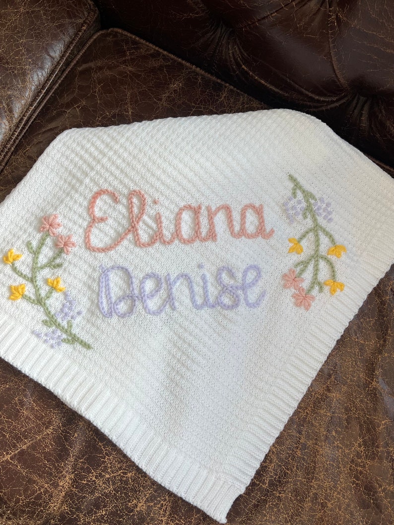 Personalized Name Swaddle Blanket: Customized Hand-Embroidered Knit Baby Blanket, monthly milestone blanket, heirloom keepsake image 10