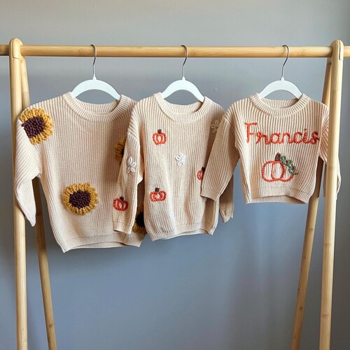 Hand-embroidered FALL THEME pumpkin sweater, sunflower, neutral girly sweater, fall knit sweater baby/toddler